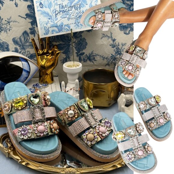 🆕 KURT GEIGER LONDON 🧿 NWOB Ornate Orson Sandal, Iridescent Sz 37 US 7 - Picture 1 of 16